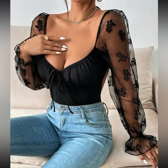 Luxe floral mesh sleeve open back bodysuit
